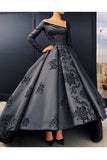 A Line Long Sleeves Satin Prom Dresses With Applique Asymmetrical Rjerdress
