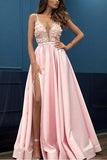 A Line Pink V Neck Sleeveless Spaghetti Straps High Slit Prom Dresses With Appliques rjs366