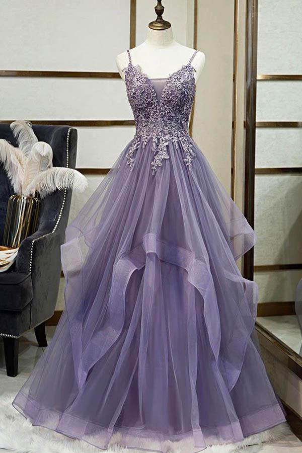 Sexy Deep V Neck Lilac Spaghetti Straps Long A-line Evening Prom Dress –  MarryLover