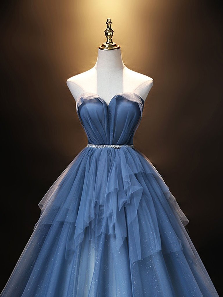 A-line Black Tulle Strapless Long Evening Prom Dresses, Custom Sweet Heart  prom Dress, MR8591