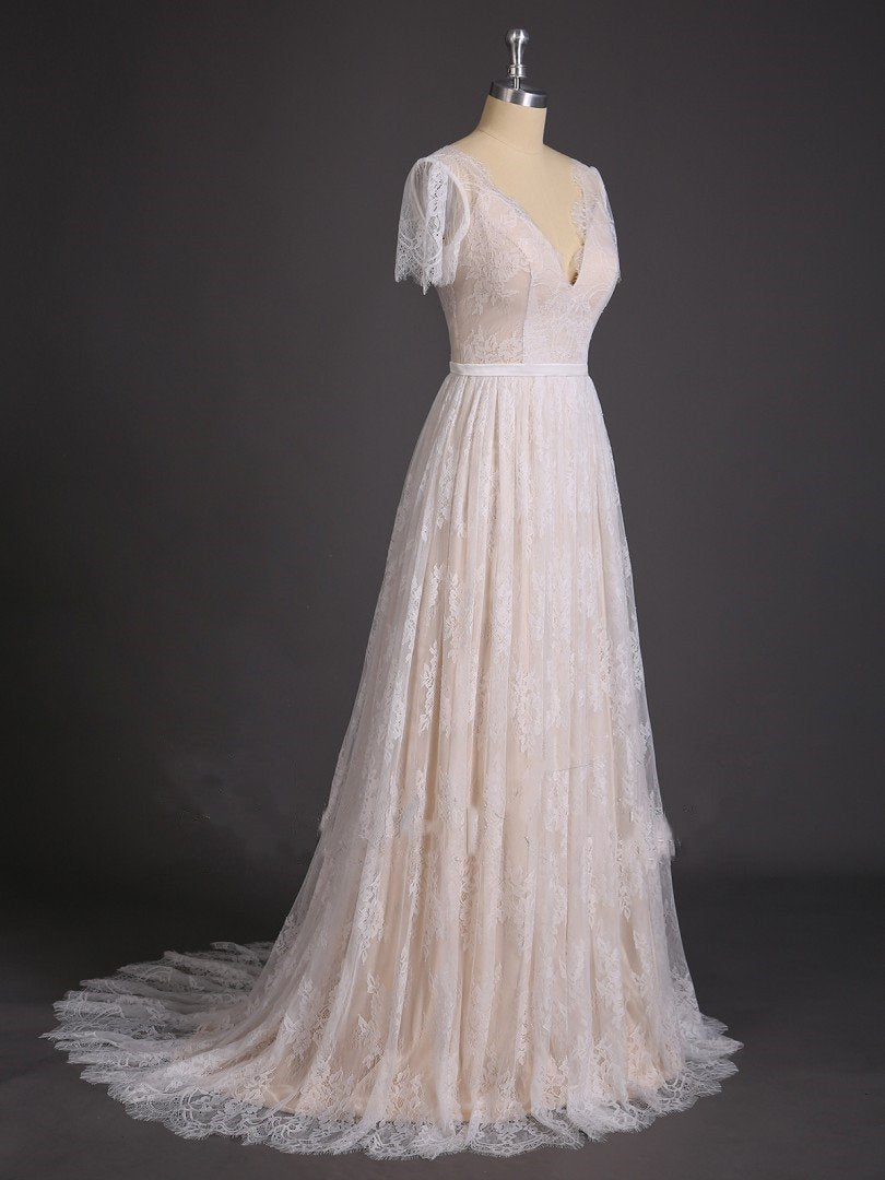 Elegant Lace V Neck Beach Wedding Dresses Short Sleeve Long Backless W ...