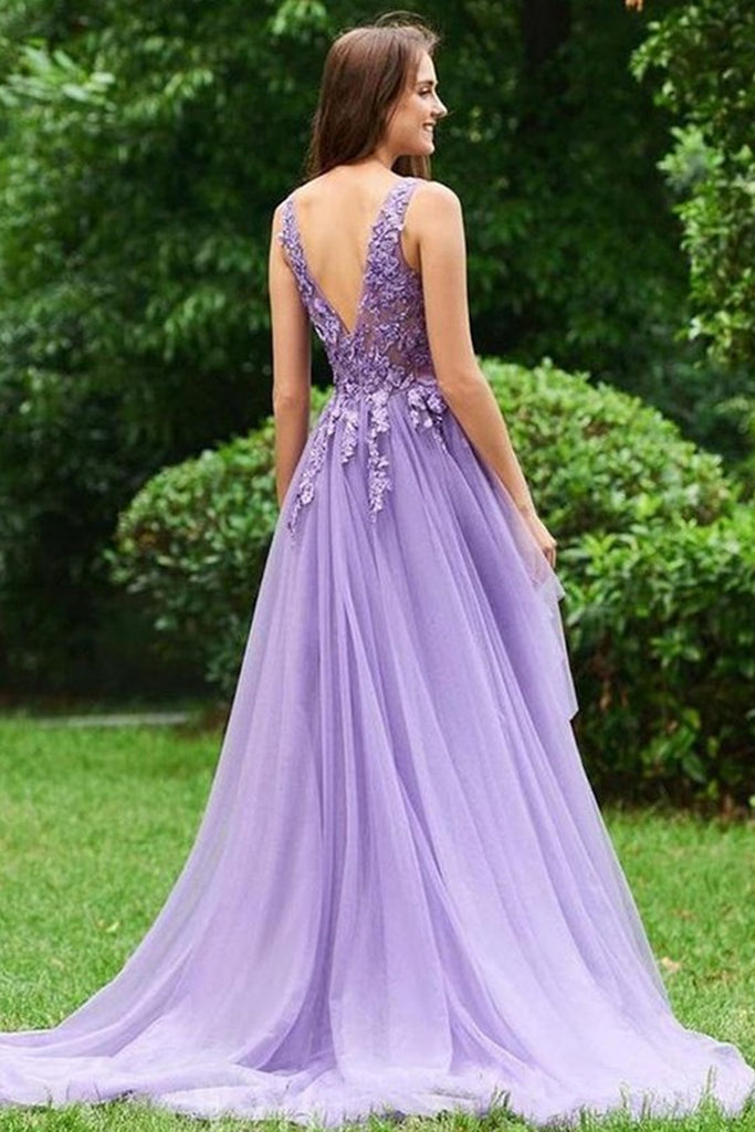 A-line V Neck Spaghetti Straps Sweep Train Tulle Prom Dress With Appliqued